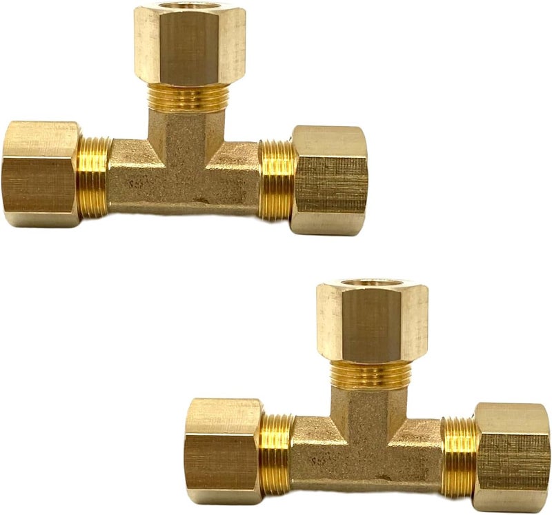 Bumugufu 2 Pcs 3/8" Compression Tee, 3/8" OD x 3/8" OD x 3/8" OD Copper Tubing Fittings 90 Degree Brass T Tube Fitting for Gas Line, Oil Pressure Gauges and Air Compressor - Image 1